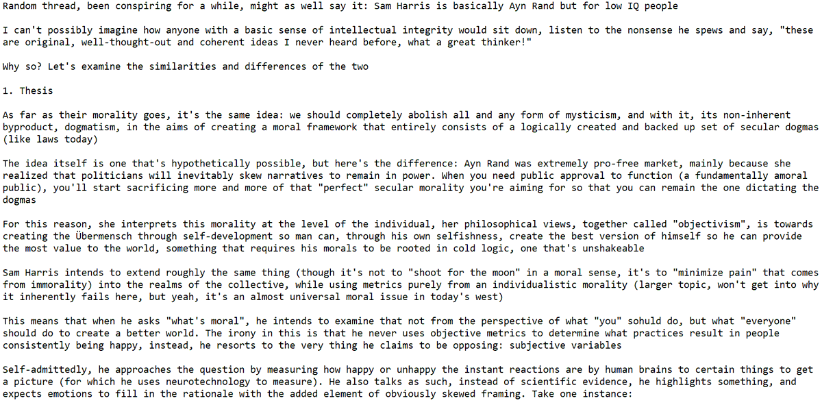 "Thread" on why Sam Harris' ideas about morality fall apart, using Ayn Rand's objectivism as comparison. Will probably post longer threads in this format since it's more space-saving