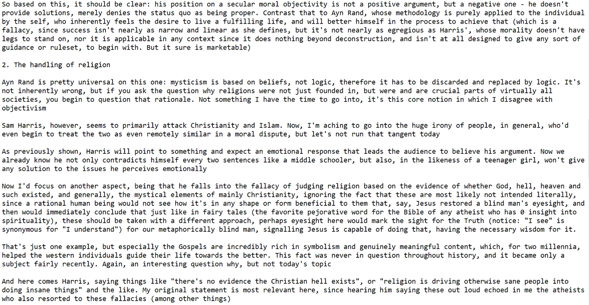 "Thread" on why Sam Harris' ideas about morality fall apart, using Ayn Rand's objectivism as comparison. Will probably post longer threads in this format since it's more space-saving