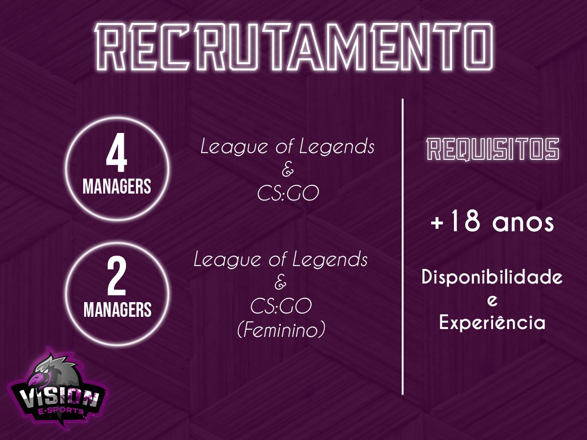 salvadorravens's tweet photo. A Vision e-sports está recrutando managers de league of legends e csgo!
Interessados(as) chamar DM!
#VEMSERVISION #GOVSN #TAKETHEVISION https://t.co/IDLzxjxDHW