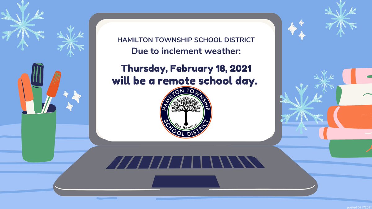 IMPORTANT HTSD ANNOUNCEMENT - Please RETWEET

Due to inclement weather, Thu., February 18, 2021 will be a FULLY REMOTE School Day

<a href="/ScottRRocco/">Scott Rocco, Ed.D.</a> <a href="/HTSDSecondary/">Jim Altobello Ed.D.</a> <a href="/oboylejf/">Jim O'Boyle</a> <a href="/HTSDCurriculum/">Hamilton Twp. C&I</a> <a href="/HamiltonTwpNJ/">Hamilton Township NJ</a> <a href="/LauraGeltch/">Laura Geltch</a> 
#HTSD