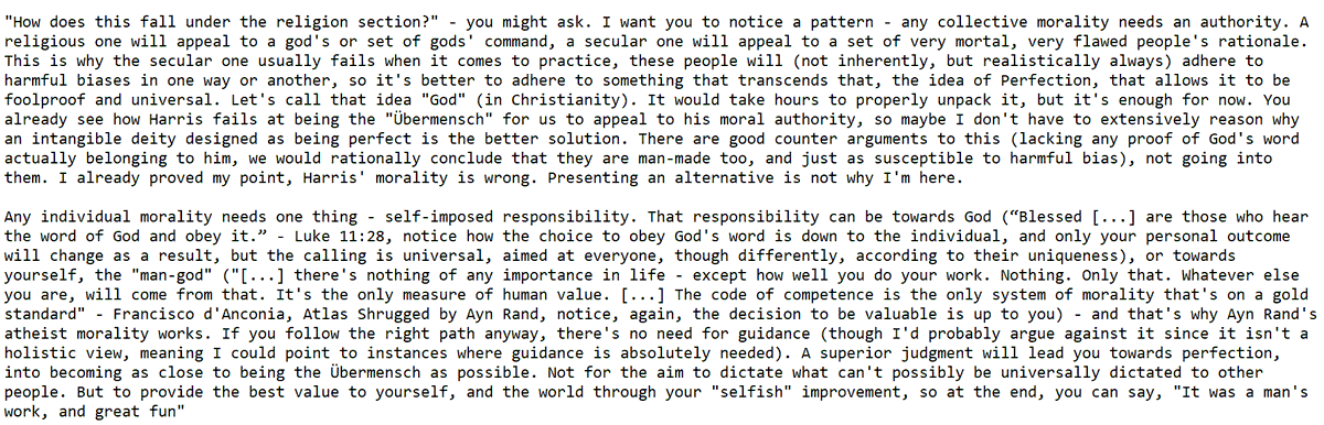 "Thread" on why Sam Harris' ideas about morality fall apart, using Ayn Rand's objectivism as comparison. Will probably post longer threads in this format since it's more space-saving