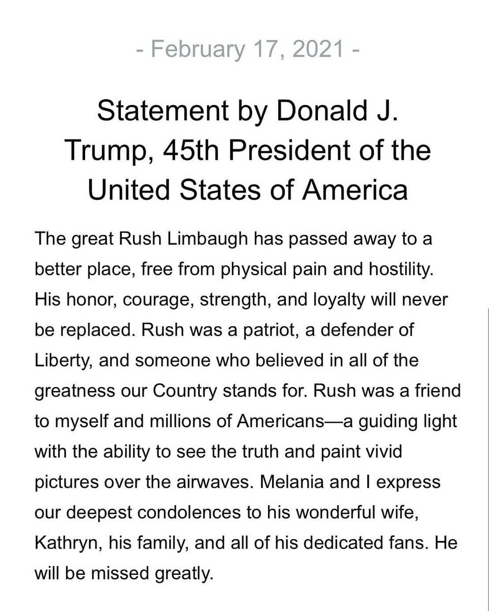 Statement By President Trump on the passing of Rush Limbaugh ...
