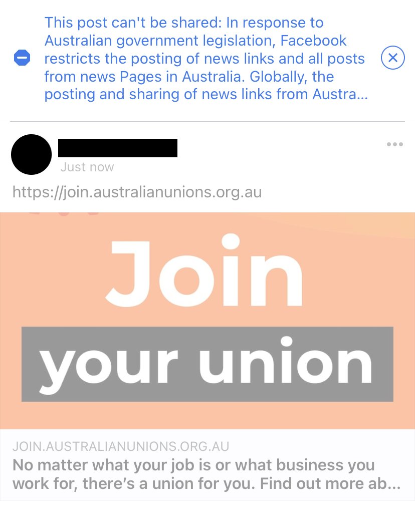 unionsaustralia's tweet photo. You may have heard that @Facebook is banning all Australian news links on their platform.

They are also stopping people from joining their union.

Please help us get the word out that they are preventing workers organising to fight for their rights at work.

#auspol #ausunions https://t.co/btsnJiEs1R