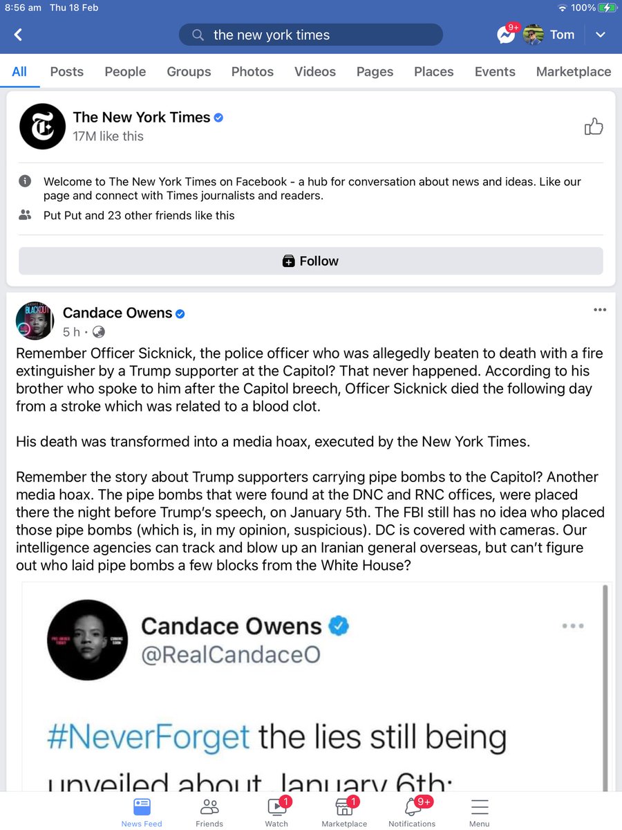 Tomskot's tweet photo. Hi ⁦@TVietor08⁩ as a result of the Facebook ban on news in Australia the first item that appears on NYT page is from conspiracy theorist Candace Owens and her false claims about the Capitol attack. So destructive at every level. https://t.co/4CKhda2Zwv
