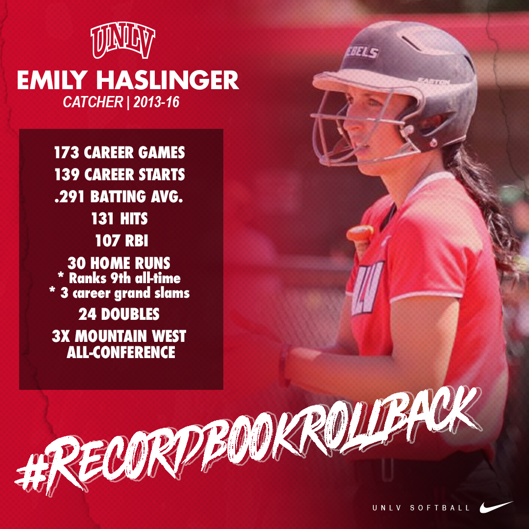 UNLVSoftball's tweet photo. Introducing the #RecordBookRollBack‼️
In honor of our THREE grand slams last weekend we are highlighting the last Rebel to hit three grand slams in her career - Emily Haslinger '16 (@SlingPeece) ‼️
And it was quite the career 👏👏⬇️‼️ #BEaREBEL https://t.co/V1FlJVhIzL
