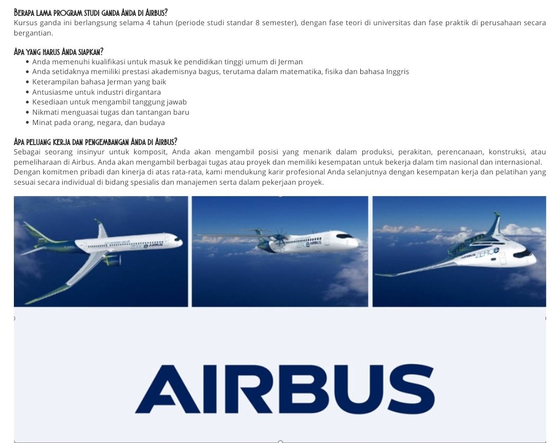 dswzentrum's tweet photo. Dual Degree in Lightweight Engineering &amp; Composites (B.Eng.) di Perusahaan Airbus, Deutschland. 🇩🇪 Konsultasi gratis in our BIO!!! 👩🏻‍💻👨🏻‍💻 #Airbus #dualstudium #dualdegree #Deutschland #Engineering #deutsch #composites #perusahaan #jerman #kerja #magang #kuliah #mahasiswa #students https://t.co/ZG56l1vpnS
