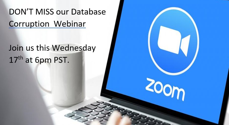 StedmanSteve's tweet photo. Free Webinar Tonight! What Fun!
Intro to Database Corruption
 --> Click Link Below to Register
https://t.co/zB4HK7UePu

#stedmansolutions #sqlserver #sql #sqlservercorruption #servercorruption https://t.co/WdxfGact1n