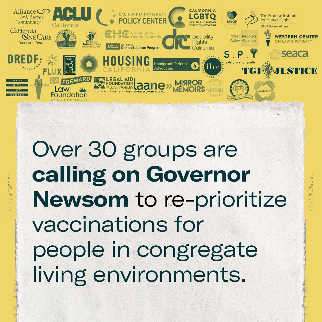 For MONTHS, Californians in prisons, jails, immigrant detention centers, and shelters were prioritized for vaccines.Then the state reversed course, appearing to leave those people behind.TODAY: over 30 groups are asking CA to keep its promise.  https://aclucaaction.org/equity-and-community-groups-call-on-the-governor-to-restore-vaccine-priority-for-people-in-congregate-settings/
