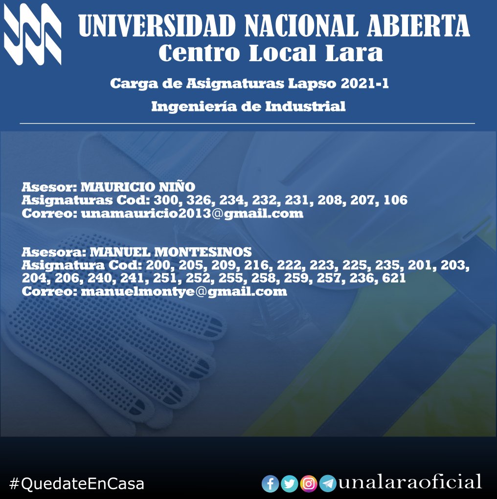 UNALARAOFICIAL's tweet photo. CARGA ACADÉMICA 2021-1 Actualizadas
#unasomostodos #unalara #universidadnacionalabierta #QuedateEnCasaYa https://t.co/9vXg0bIEZl
