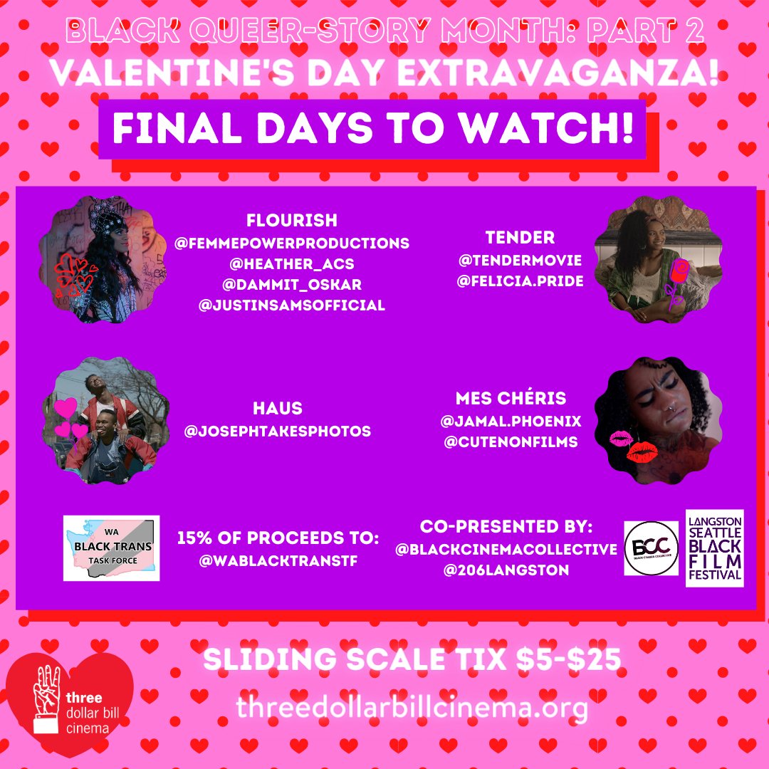 Today is the final day to watch our Valentine's Day Extravaganza! program for Black Queer-story Month! ❤️💋

featuring films from : @cutenondotcom @feliciapride 

co-presented : @blackcinemacltv @langstonseattle / @BlkFilmSeattle 

15% of proceeds benefitting : @WABlackTransTF