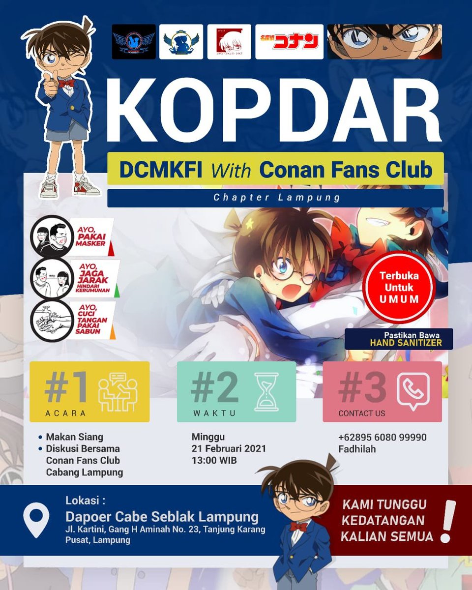 conanfansclub's tweet photo. TABIKPUN..!!
Halo Conaners Lampung dan sekitarnya! Yuk ikuti agenda kopdar fans Detektif Conan dari DCMKFI & Conan Fans Club hari Minggu nanti. Info selengkapnya bisa cek e-pamflet ya~ 😉
☎️ Fadhilah (0895608099990)
#Kopdar #DetectiveConan #InfoLampung #ConanFansClub #Dcmkfi https://t.co/7ivhsFCDY2