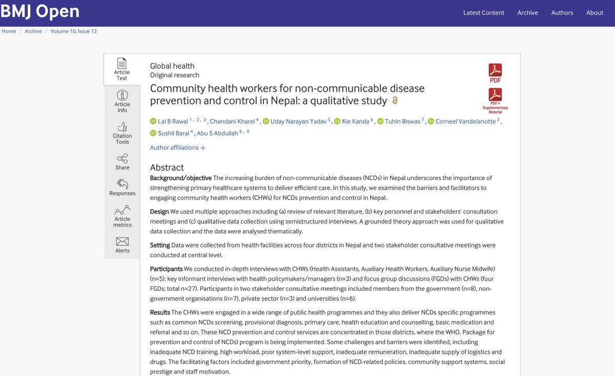 Community Health Impact Coalition (@join_chic) on Twitter photo 7⃣ A qualitative study in Nepal
👏A good synthesis of perspectives across multiple stakeholders (#CHW, health policymakers, managers etc.)
bmjopen.bmj.com/content/10/12/… 7⃣ A qualitative study in Nepal
👏A good synthesis of perspectives across multiple stakeholders (#CHW, health policymakers, managers etc.)
bmjopen.bmj.com/content/10/12/…