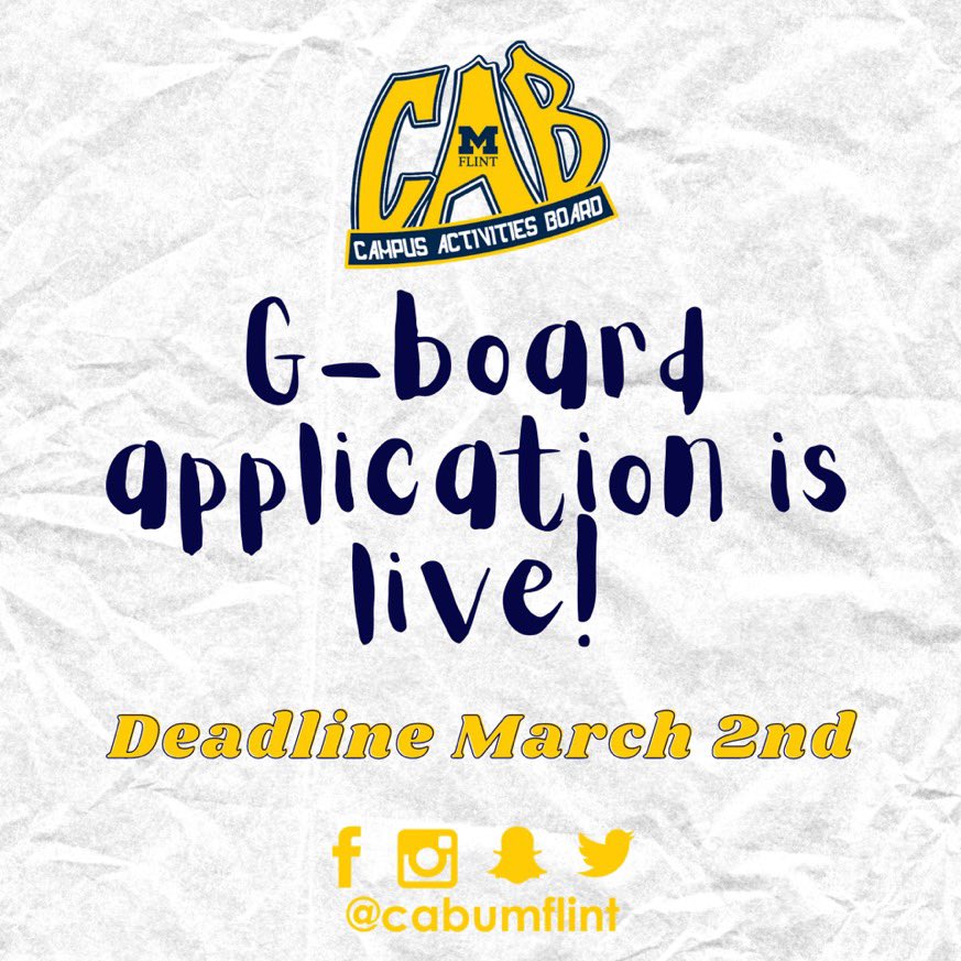 CABumflint's tweet photo. Check out CAB! We’re an all-inclusive organization at UM-Flint that could use your help! We are accepting applications for our G-Board from now until March 2nd! Link down below! 
DM any questions you have to @cabumflint !! 

https://t.co/X4w5T5cZab https://t.co/tkcshCOicK