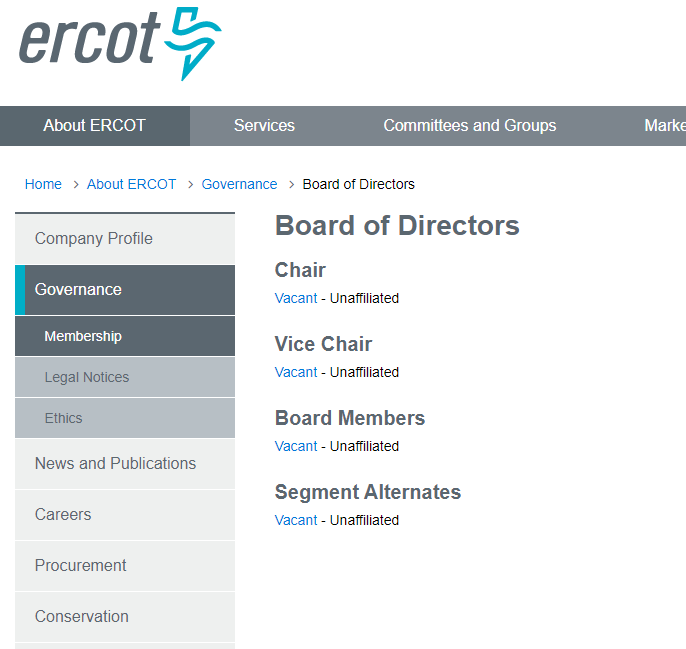 jmontforttx's tweet photo. .@ERCOT_ISO  may be rudderless. Their BoD page is now empty this afternoon. Mass resignations is my guess, or they don't want the public having their information. 
https://t.co/lPZPjY3PJV https://t.co/MMgxgyATvl