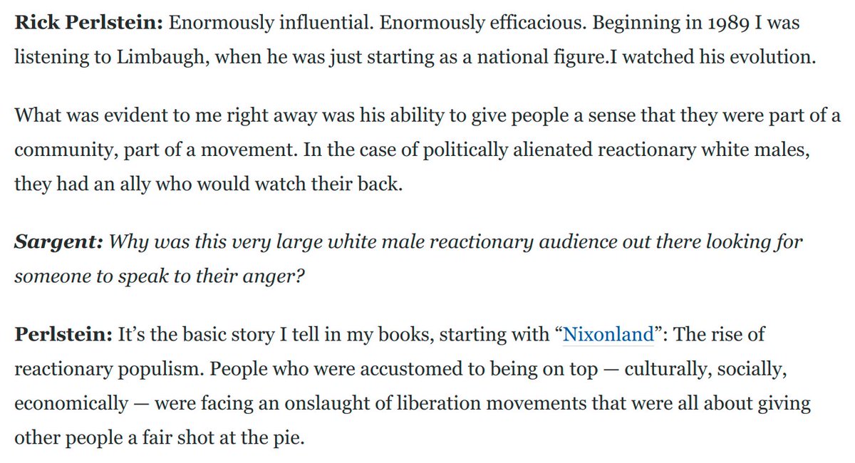 A few highlights. First,  @rickperlstein notes that even back in the late 1980s, it was already clear that Limbaugh had a genius for making reactionary whites feel like they belonged to a movement, like they had a home: https://www.washingtonpost.com/opinions/2021/02/17/rick-perlstein-rush-limbaugh-death-legacy/