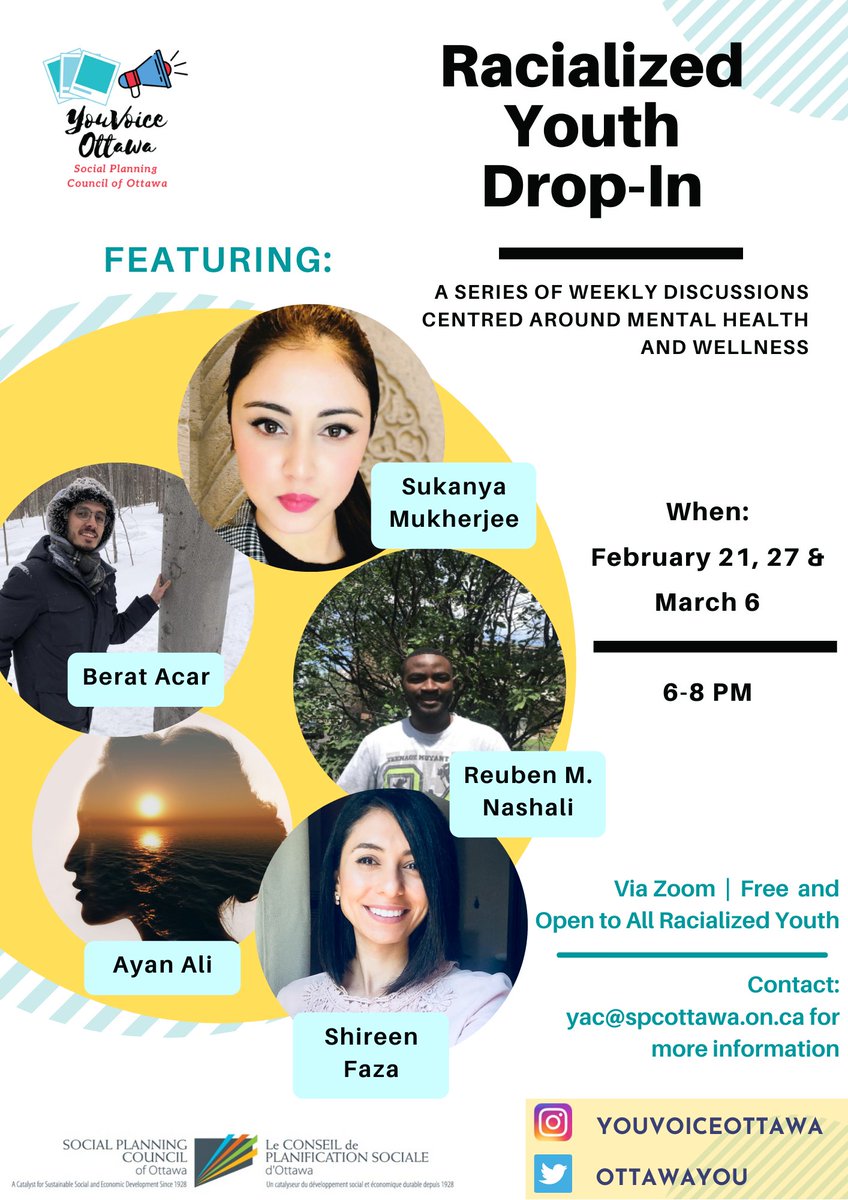 SPCOttawa's tweet photo. @OttawaYou YouVoice is holding a series of weekly discussions centered around mental health and wellness. Free and open to all racialized youth Feb. 21, 27, March 6 from 6-8pm. Contact yac@spcottawa.on.ca https://t.co/9AgHV8ygXk