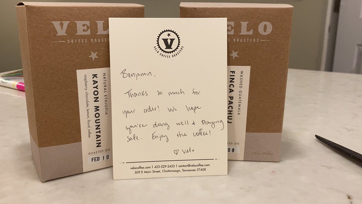 Benjamin_Finder's tweet image. I’ve been exploring independent roasters during quarantine. My first order from @VeloCoffee came with a hand-written thank you. Thank you, Velo! Excited for my first cup tomorrow.