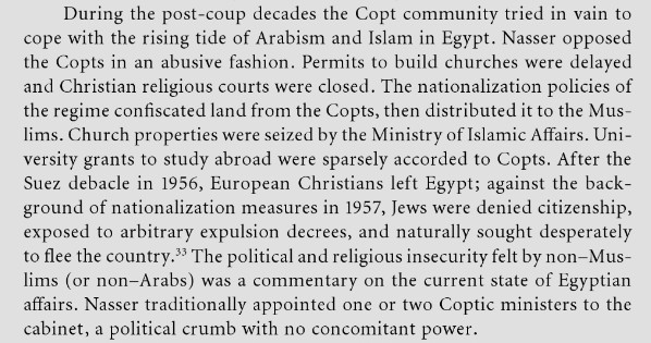 Nevertheless the practice continued elsewhere. In Egypt, after Nasser's 1952 coup, the dominant pan-Arab nationalism and socialism affected Copts. In 1957, as a response to an increasing state encroachment, the Coptic Orthodox Church changed the way Alexandrian Popes are elected.