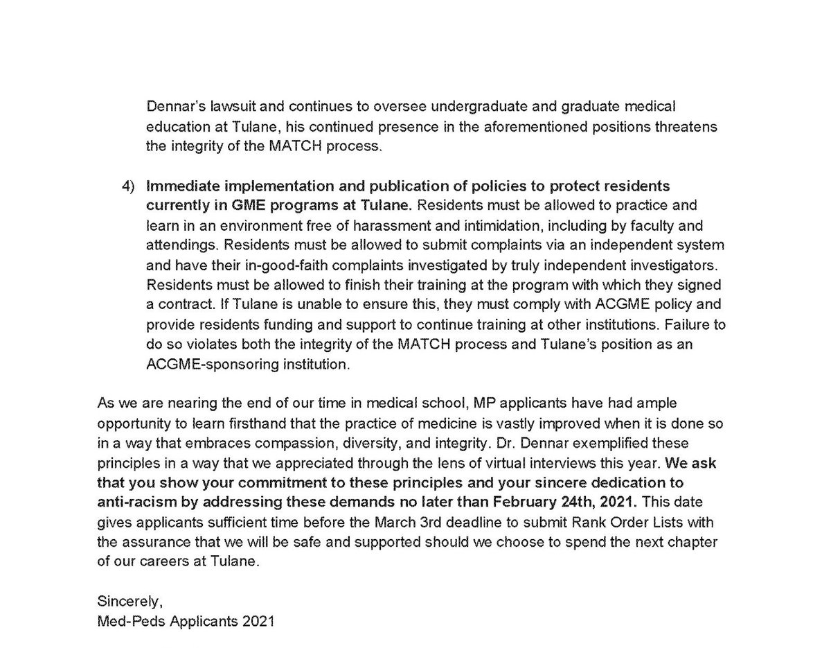 MedPeds21's tweet photo. The #MedPeds21 applicants sent a letter to @Tulane @TulaneMedicine, @acgme, &amp; @TheNRMP today. We expect a response by 2/24/2021. Thank you for your support! #DrDennar #DNRTulane https://t.co/whAm2dEhB7