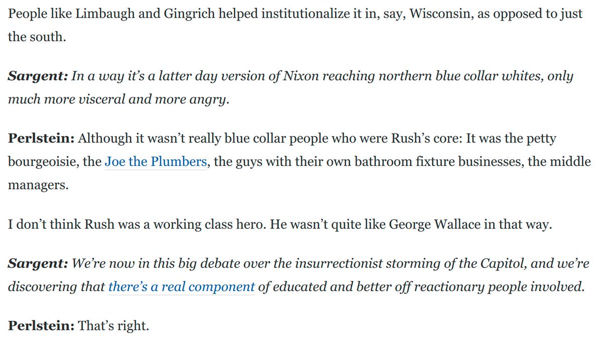 Importantly,  @rickperlstein notes that the Limbaugh/Gingrich nationalization of scorched earth politics actually took *southern* politics national.And Limbaugh's reactionary audience had affluent components, just like the 1/6 rioters:(cc  @AdamSerwer) https://www.washingtonpost.com/opinions/2021/02/17/rick-perlstein-rush-limbaugh-death-legacy/