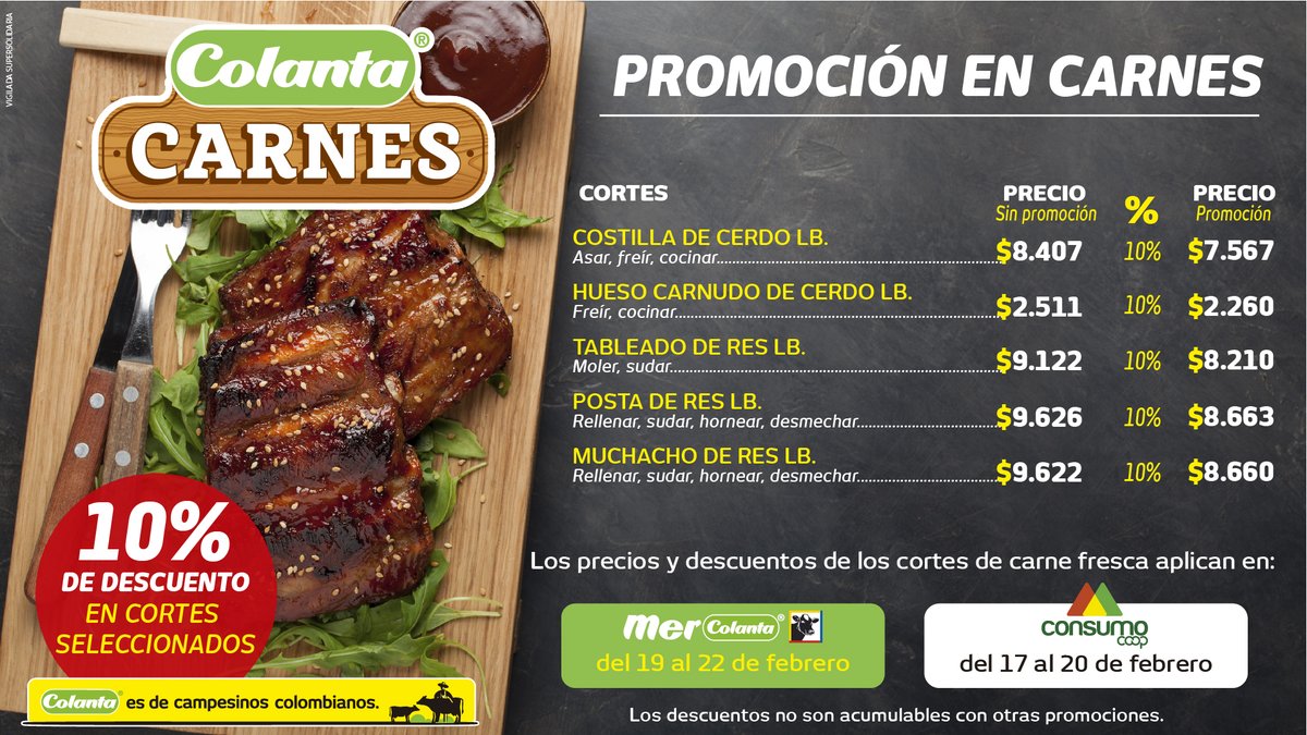 mercolanta's tweet photo. ¡Llegó la promo más esperada! La #PromoCarnuda ya está aquí: 10% de descuento en cortes seleccionados.
Encuéntrala del 17 al 20 de febrero en @ConsumoOfi del 19 al 22 de febrero en @Mercolanta.
Conoce tu @Mercolanta más cercano en https://t.co/jMVupL16zX
#Colanta #Mercolanta https://t.co/61FGwu5p2k