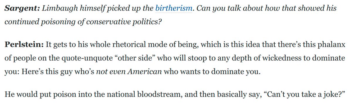 And finally, here  @rickperlstein takes us straight from Rush Limbaugh to birtherism to Trump and QAnon and Marjorie Taylor Greene and the violent insurrection at the Capitol: https://www.washingtonpost.com/opinions/2021/02/17/rick-perlstein-rush-limbaugh-death-legacy/