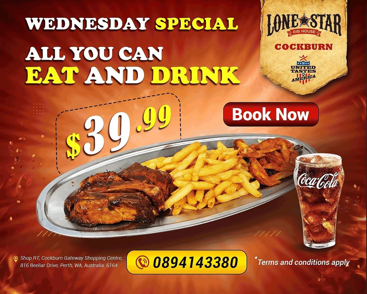 🎉🎉All you can drink &amp; eat ribs, wings and chips.🎉🎉
Wednesday Special All Day
👌❤️😍
👉 lonestarribhousecockburn.com. Reserve your table: Call on📞 0894143380
Visit us!
Shop R7, Cockburn Gateway Shopping Centre, 816 Beeliar Drive, Perth, WA, Australia. 6164