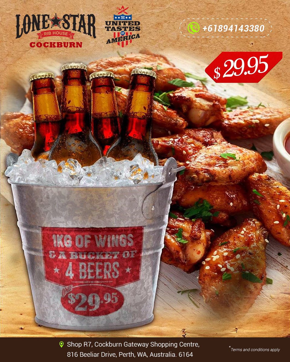 🍺🍺🍺🎉🎉🎉Thirsty Thursday 🎉🎉🎉🍺🍺🍺
 1KG of wings and 4 beers for just $29.95!!!!
Cheers to that!🍻🍻🍺🐔🐔🍗🍗👌❤️😍
👉 lonestarribhousecockburn.com. Reserve your table: Call on📞 0894143380
Visit us!
Shop R7, Cockburn Gateway Shopping Centre, 816 Beeliar Drive, Perth, WA,