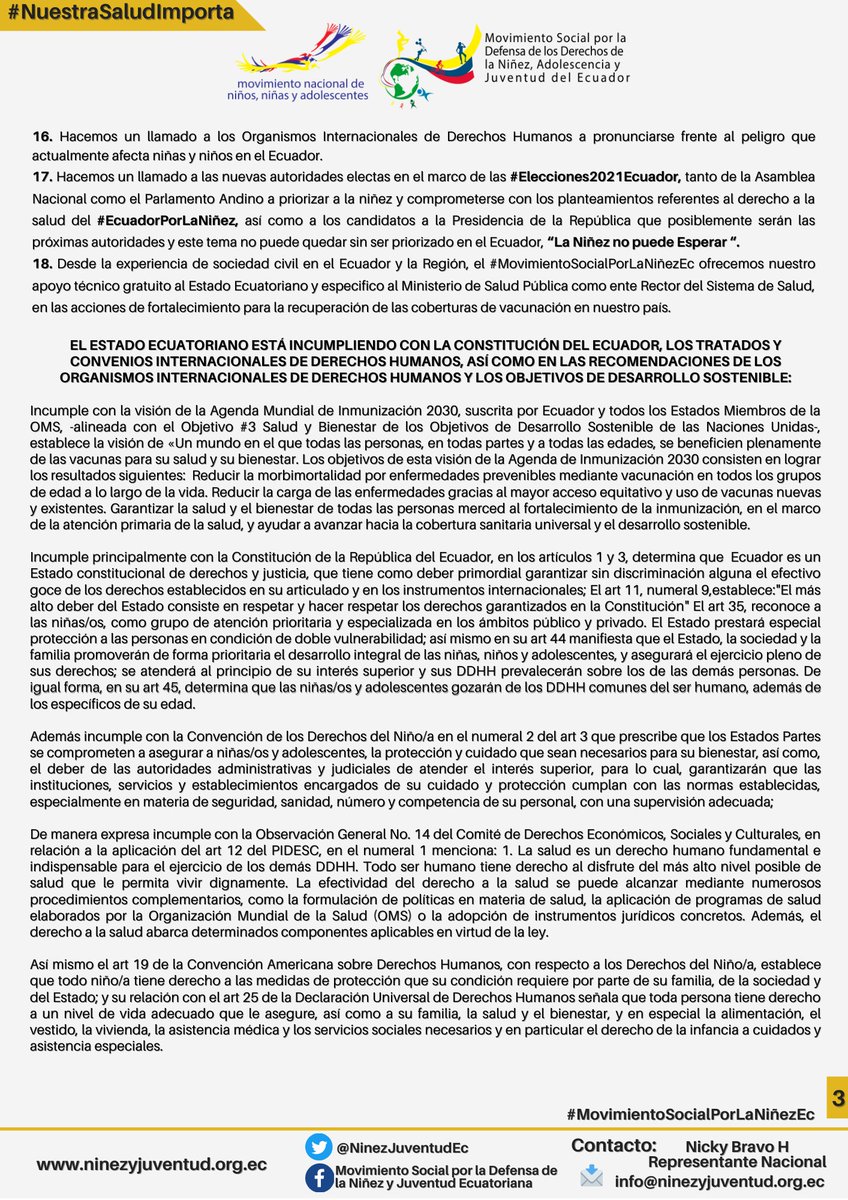 NinezJuventudEc's tweet photo. Pronunciamiento #NuestraSaludImporta🗣️Por el Derecho a la vacunación completa y oportuna de Niñez #Ecuador 
#MovimientoSocialPorLaNiñezEc @Movimientodenna
preguntamos #DondeEstanLasVacunas ?@Lenin @Salud_Ec @DrJuanCZevallos? 

@DerechoSaludAN @CIDH @ONUecuador 
#EcuadorPorLaNiñez https://t.co/ZYItkuF2MT