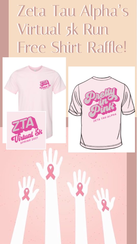 ZETA TAU ALPHA’S PRETTY IN PINK VIRTUAL 5K March 5 <a href="/6am/">6am</a>- Sat 6th <a href="/4pm/">4pm</a>

Shirts are being sold from now until monday so get one quick! click.pstmrk.it/2s/my.crowdcha…

ZTA is also giving away two of this years Pink Week shirts! Retweet this for a chance to win!