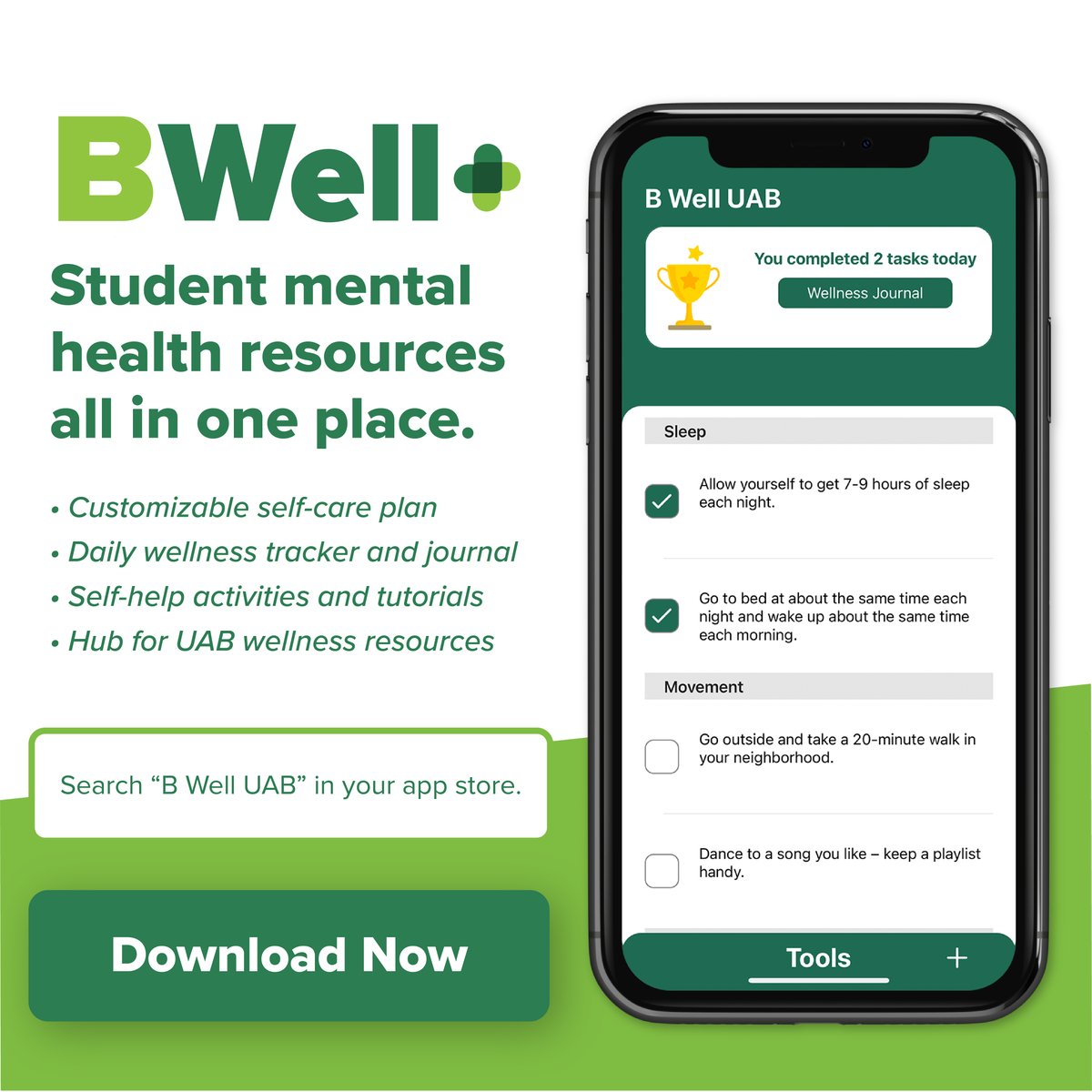 Looking for mental health resources? 🧠💚 Download the BWell app to access all of your mental health needs in one place! Learn more: go.uab.edu/BWell-App