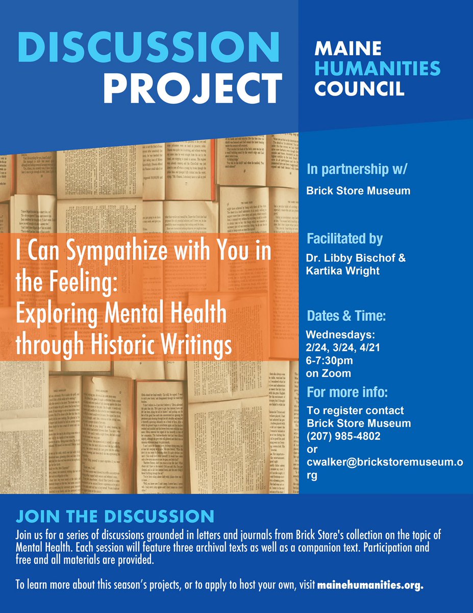 There's still time to join our upcoming discussion group with <a href="/MaineHumanities/">Maine Humanities</a>! In this program, you get to read letters and diaries from the Museum's historic archives and discuss the effects of experience on mental health with two talented Facilitators!

#museum #Museums