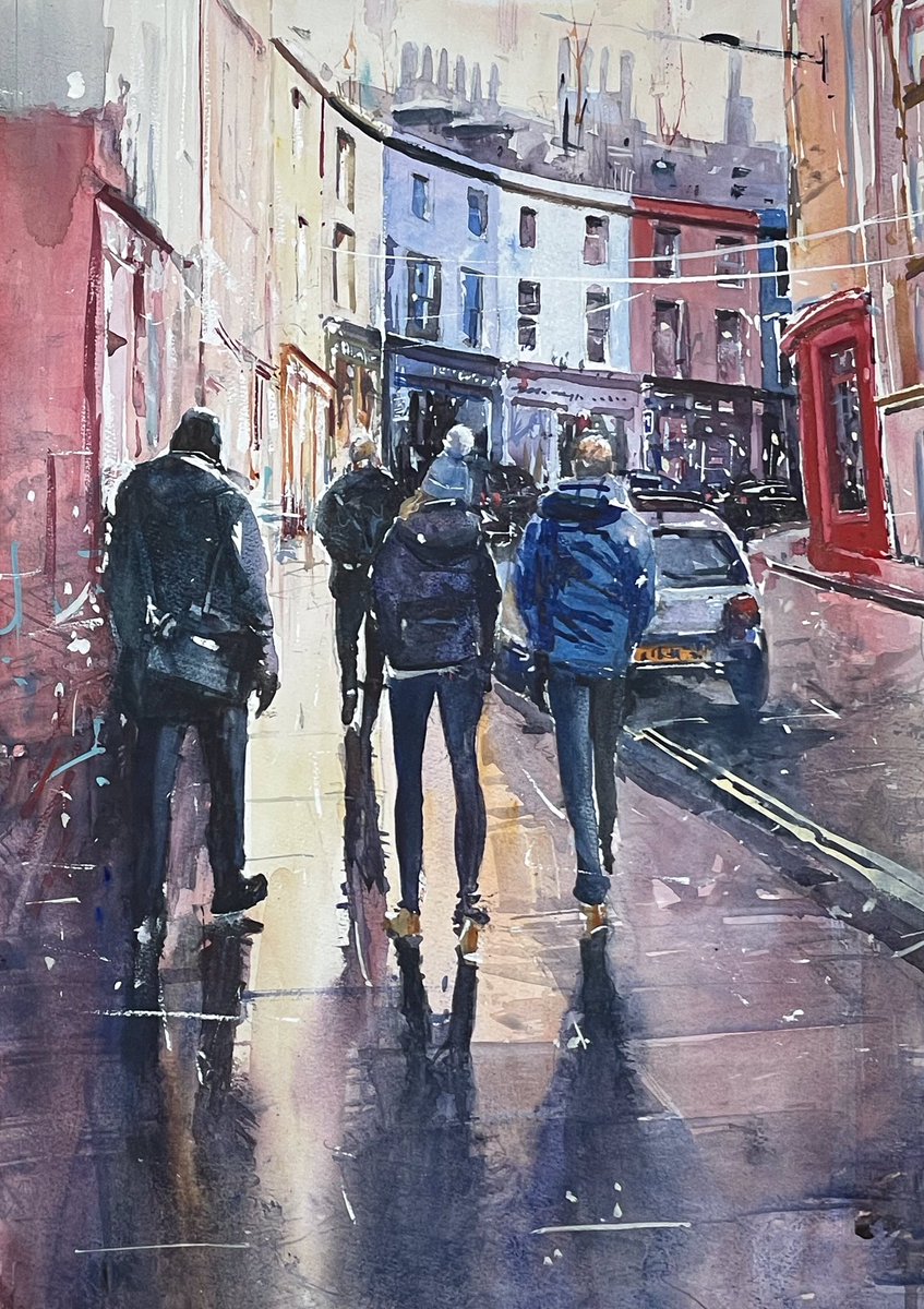 Today’s watercolour, Wet pavements in Victoria Street, Edinburgh. Painted on Millford watercolour paper with Schmincke watercolours. Showing some stages. #watercolour #edinburgh #victoriastreet #diagonalley