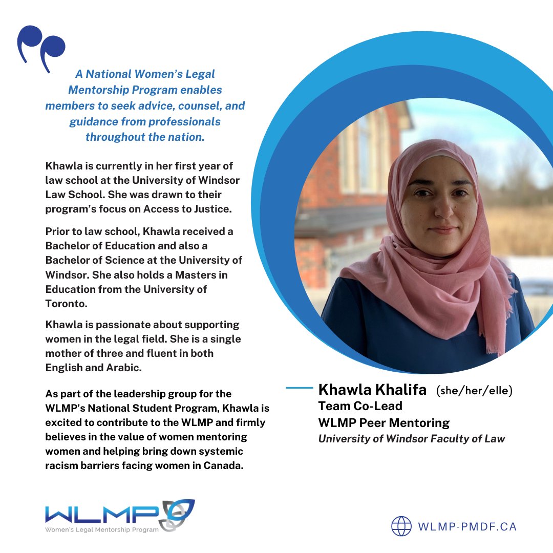 WLMP_PMDF's tweet photo. Dear Canadian Legal Community, 
Meet Khawla Khalifa (she/her/elle)
Co-Lead for WLMP Peer Mentoring
National Student Program. Read More about her below.

#lawtwitter #WLMP #WomensLegalMentorship #LegalLeader #WomeninLaw #WomenLeadingInLaw #PeerMentoring #Legal #Mentoring https://t.co/gMesMv56O9