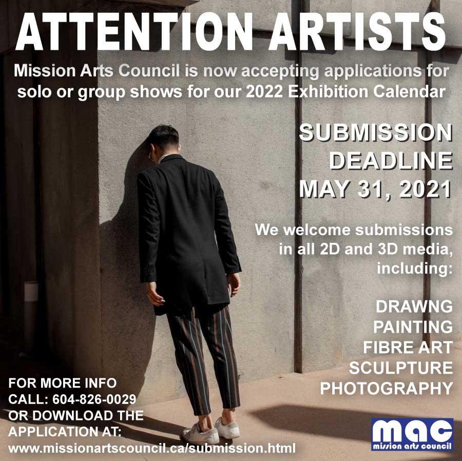 ATTENTION ARTISTS!!!!
The <a href="/MissionArtsCncl/">Mission Arts Council</a> is now accepting applications for our 2022 solo or group exhibitions.
Details at: missionartscouncil.ca/submissions.ht… 
#artists #art #galleryshow #missionbc
