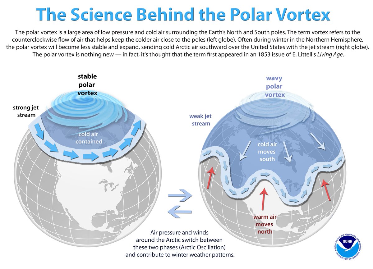 But occasionally, the  #PolarVortex vortex becomes temporarily destabilized--allowing westerly winds to become more latitudinally oriented & resulting in a "wavy" jet stream pattern. Pockets of extremely cold Arctic air can escape & reach very low latitudes. (7/17)