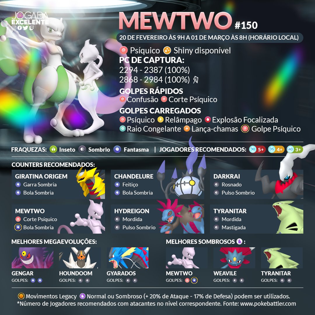 Jogada Excelente on X: Articuno, Zapdos, Moltres e Mewtwo serão os novos  Chefes de Reides 5 Estrelas. Confira os melhores counters para enfrentá-los  e se prepare! Data: 20/02 às 9h a 01/03