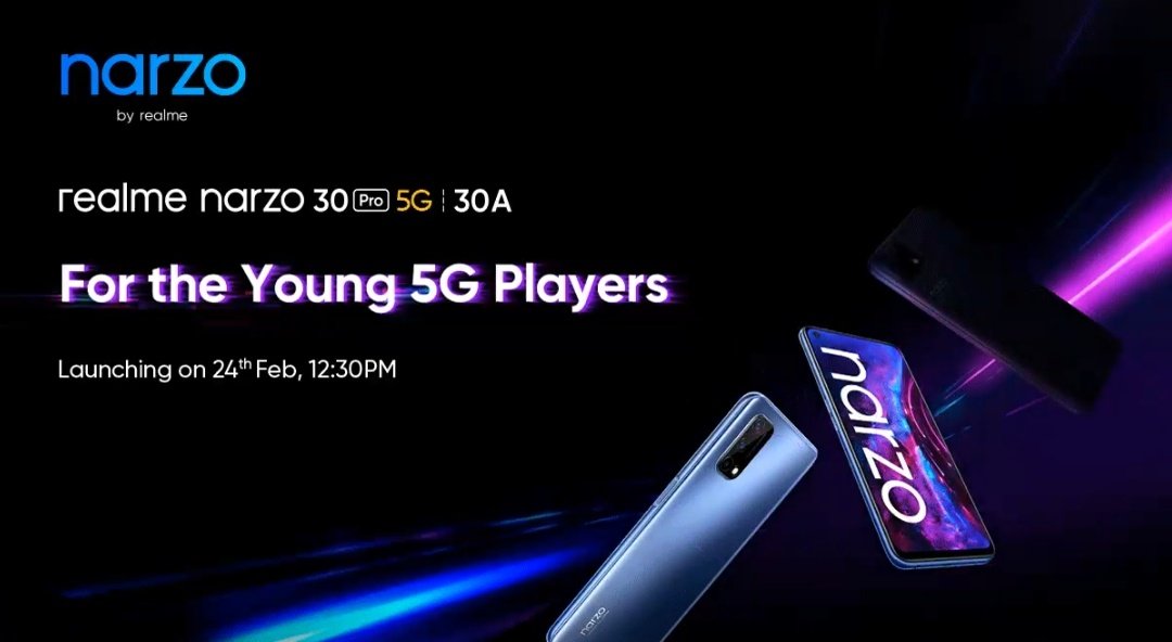 TechLovi's tweet photo. Narzo 30A and Narzo 30 Pro 5G Officially Confirmed to  launching on February 24 in India. Realme Buds Air 2 too.

#Realme #Narzo30A #narzo30pro #RealmeBudsAir2 https://t.co/euB1LH7eMj