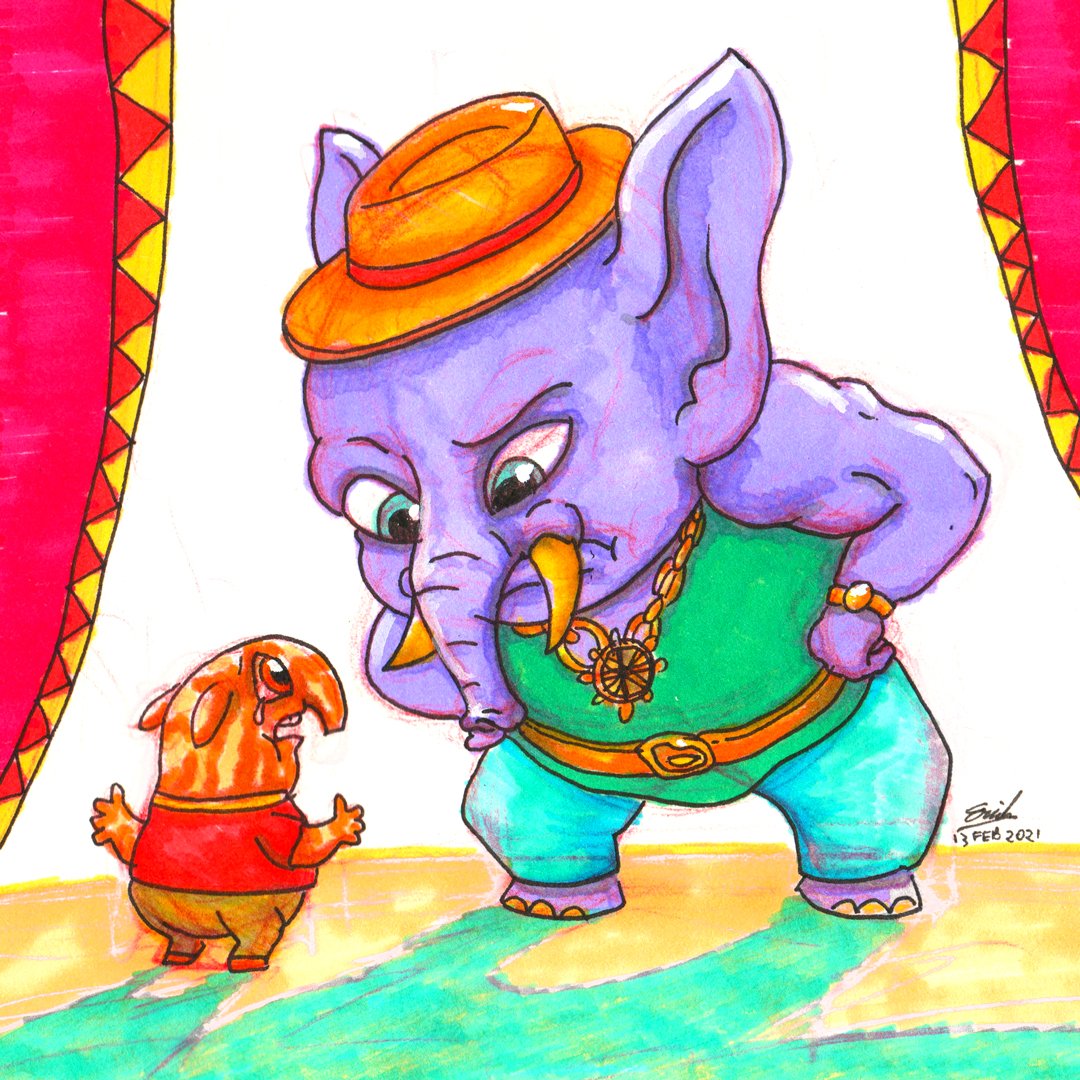 "Have you seen my dad? He's large and has a long nose."
Finally able to force myself to take time off from the computer screen. It's been a crazy week.
Done with a 0.5 drawing pen, color with markers, and highlight with gouache paint.

#doodle
#tapir
#elephant
#markerart