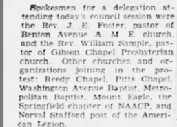 Over the next century, Pitts Chapel was a center for civic engagement, partnering with other Springfield churches and the NAACP. In October 1945 the congregation protested a racist sign at a downtown tap room at a city council meeting.
