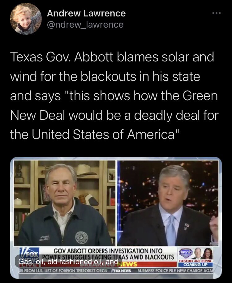Lets be clear on what’s happening here: in the middle of severe snow storms & power outages Texas Republican officials are making a move to bolster the oil/gas industry and strip the state of its renewable energy sources. This is what  @NaomiAKlein has called “disaster capitalism”