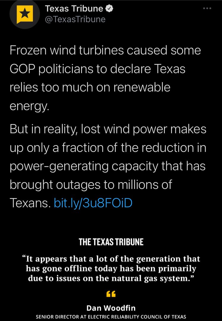 Wind turbines are not to blame, natural gas has frozen in the pipelines, the energy grid has not been weatherized. Officials know  @ERCOT_ISO the “nonprofit” provider & the Public Utility Commission of Texas (appointed by Governor) that oversees and appoints ERCOT CEO failed us.