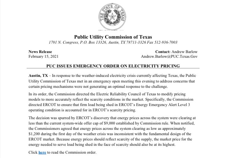 During this crisis the Public Utility Commission passed an “emergency order” that changed rules to transfer the increase in the price of producing power to consumers - “scarcity pricing” means ERCOT charges consumers more so that the private industry profits from this disaster.