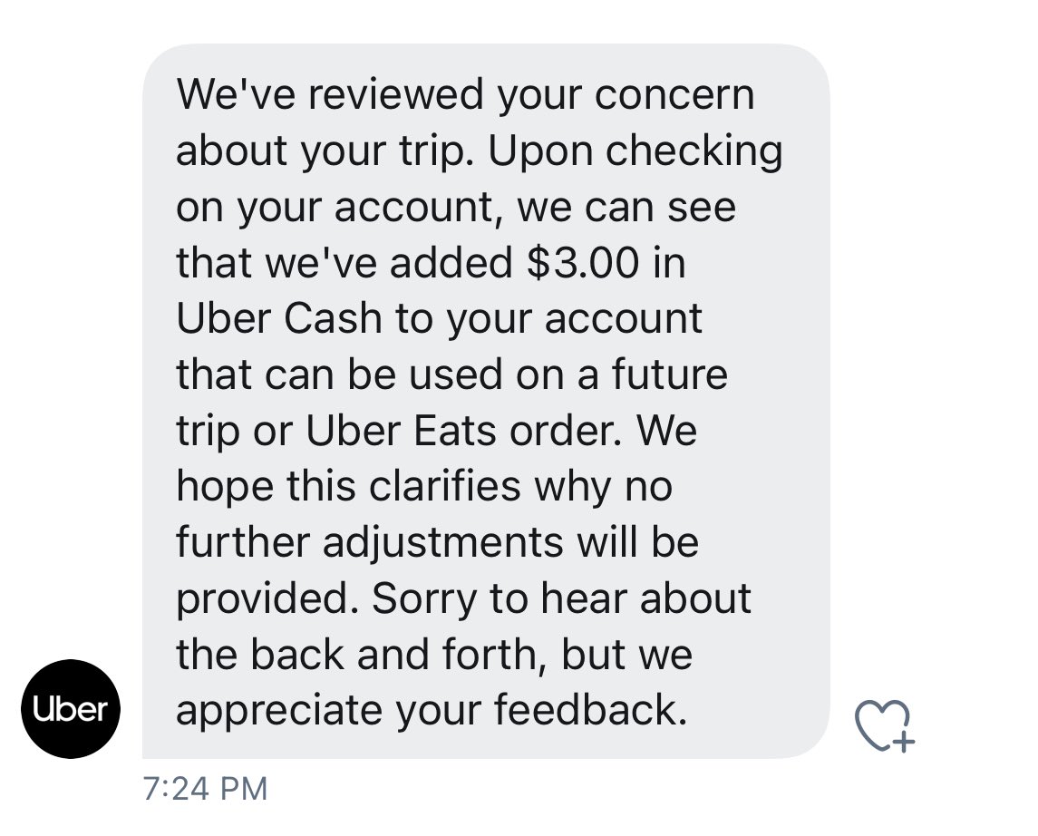 Jessica D (@jessd305) on Twitter photo When I wrote to <a href="/Uber_Support/">Uber Support</a> again tonight about my outrageous $48+ fare in light of their โhelping seniorsโ email, this is the snarky response I received. When I wrote to <a href="/Uber_Support/">Uber Support</a> again tonight about my outrageous $48+ fare in light of their โhelping seniorsโ email, this is the snarky response I received.