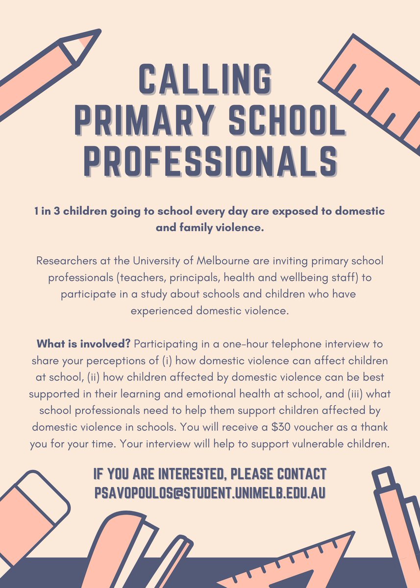 As part of my PhD, I am inviting primary school professionals (teachers, principals, health and wellbeing staff) to participate in a study about schools and children who have experienced domestic and family violence. 

More information is below.

Please share! 🌻