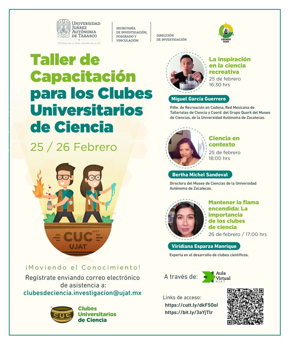 Te invitamos a participar en el #taller de Capacitación para los Clubes Universitarios de #ciencia , los días 25 y 26 de febrero de 2021, a través del Aula Virtual UJAT.