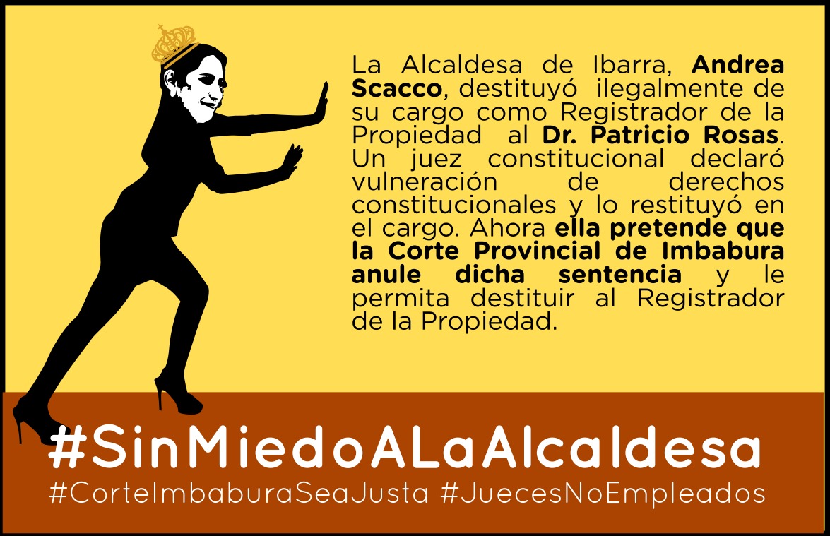 Maggyg77900243's tweet photo. 🧐@PATRICIOROSAS1 fue ilegalmente destituido de su cargo por @AndreaAlcaldesa. Un juez constitucional de Ibarra le devolvió su cargo en una sentencia y ahora la #AlcadesaPrepotente apeló! NO + TRABAS AL TRABAJO BUENO y HONESTO
#CorteImbaburaSeaJusta ustedes son #JuecesNoEmpleados https://t.co/83woo2EBtJ