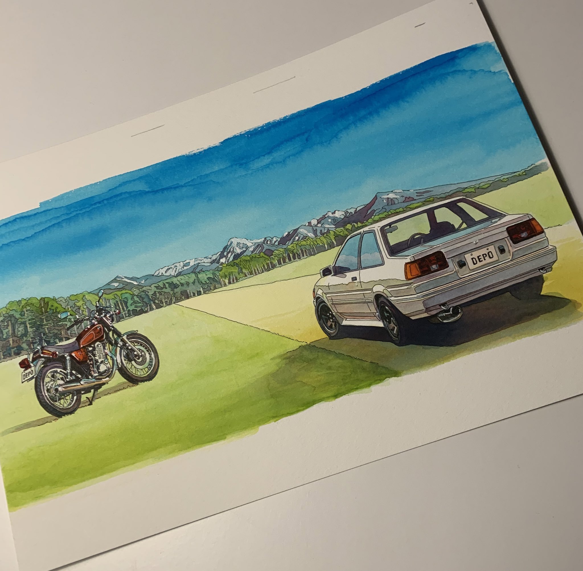 西川雅生 長野県茅野市でクルマやバイクを軸に地域活性化プロジェクトを仕掛ける 株 Tm Depoのイメージビジュアルを制作 八ヶ岳と社長の岩波氏が愛するマシンを描いた Gaoニシカワ Gaonishikawa イラスト オンザロードマガジン Roadtrip63 Gao西川