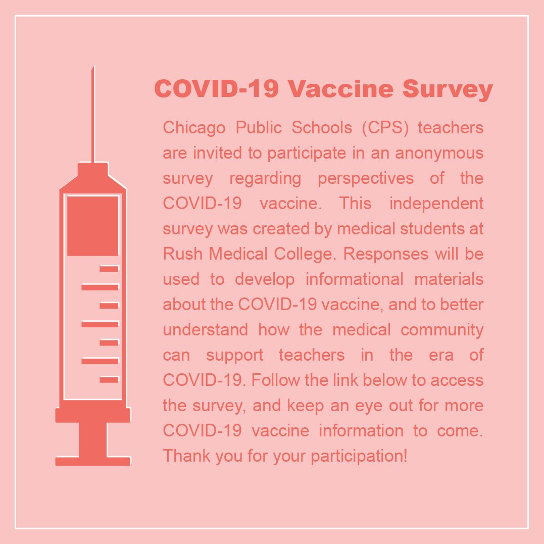 CPS teachers- med students from Rush created an anonymous survey on teachers’ perception of the Covid vaccine as part of their Health Equities class. If you wouldn’t mind filling out and sharing, would be much appreciated! forms.gle/PfZ5r2Lg71fpEf… Thank you! 😘