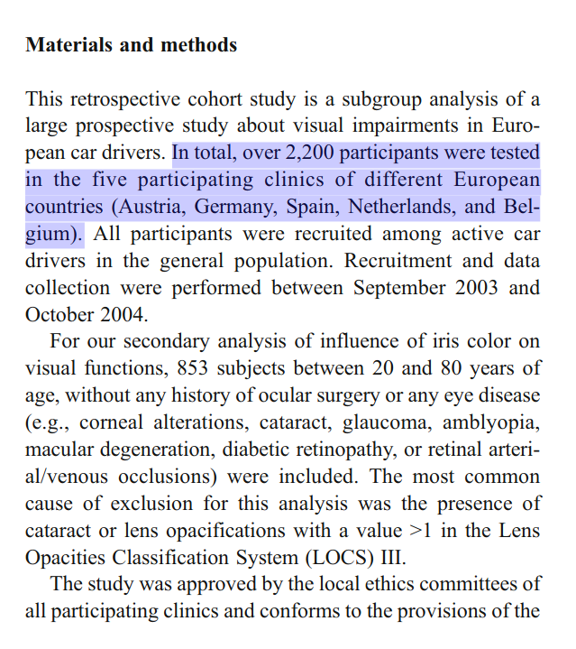 Iris color not totally unrelated to functionality, as some have claimed.This study finds blue-eyed people have somewhat worse eyesight (2 parameters), based on a large sample of Europeans. https://link.springer.com/article/10.1007/s00417-012-2006-8